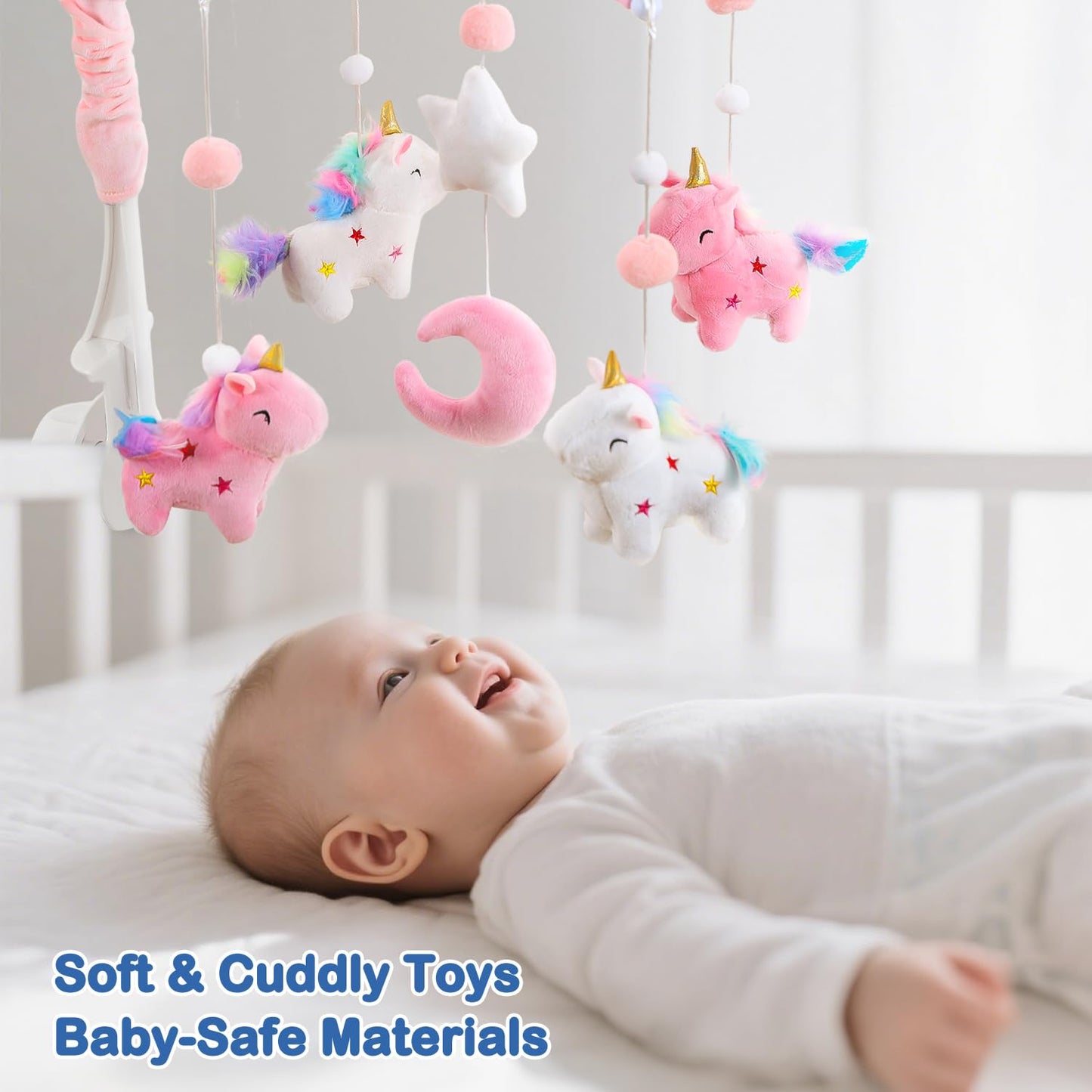 Unicorn Baby Crib Mobile for Girls with Music Box (100+ Lullabies), Rotating Plush Crib Toys for Newborns, Infant, Baby Shower Gift