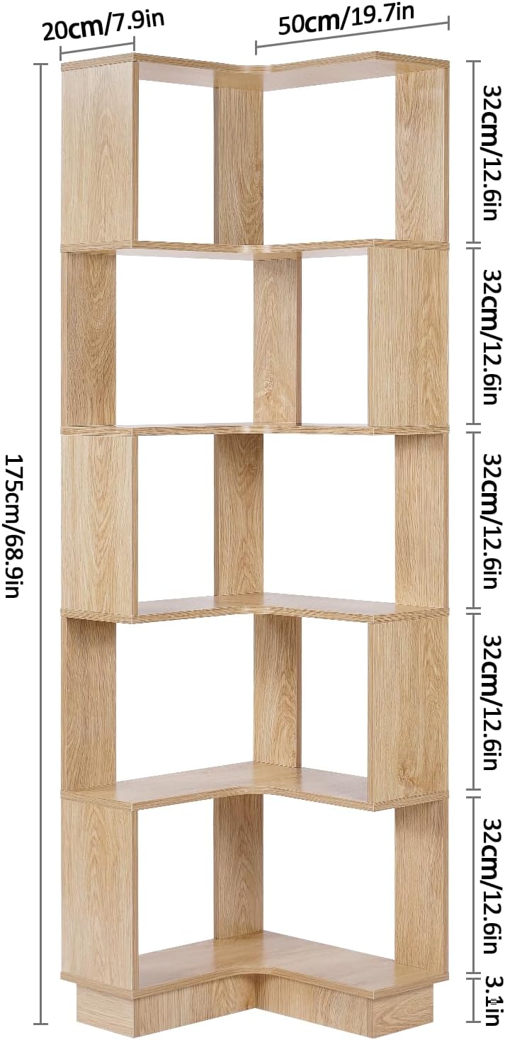Wooden Corner Bookcase, 5 Tiers Corner Bookshelf 68.9" L-Shaped Storage Display Rack Tall Large Open Bookshelf with Fixture for Living Room Bedroom Study Office