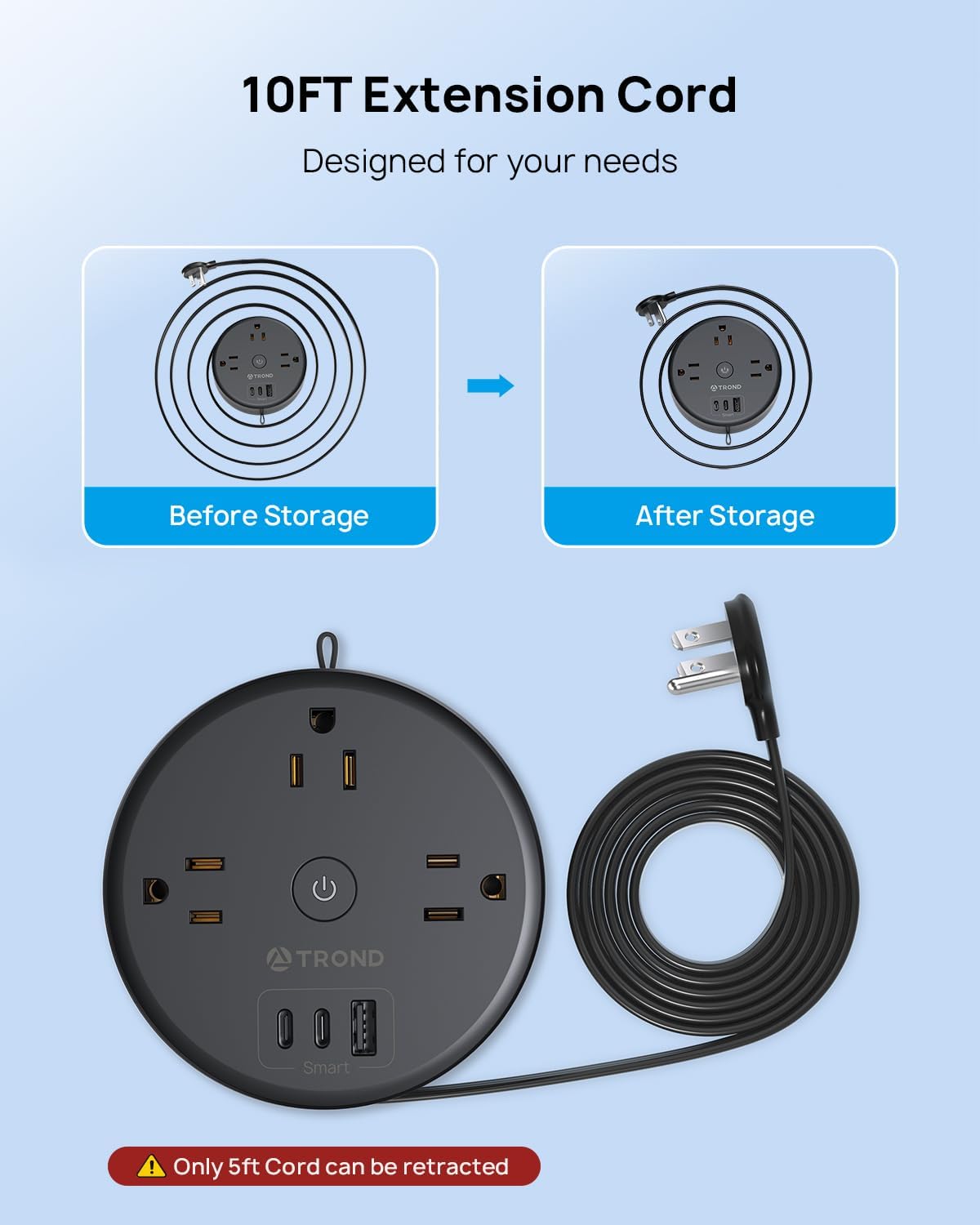 TROND Power Strip Flat Plug - Extension Cord 10FT Semi-Retractable, Power Strip with 3 AC Outlets 3 USB Ports (2 USB C), Ultra Thin Flat Plug, Cruise Ship Essentials, for Home, Hotel, Office