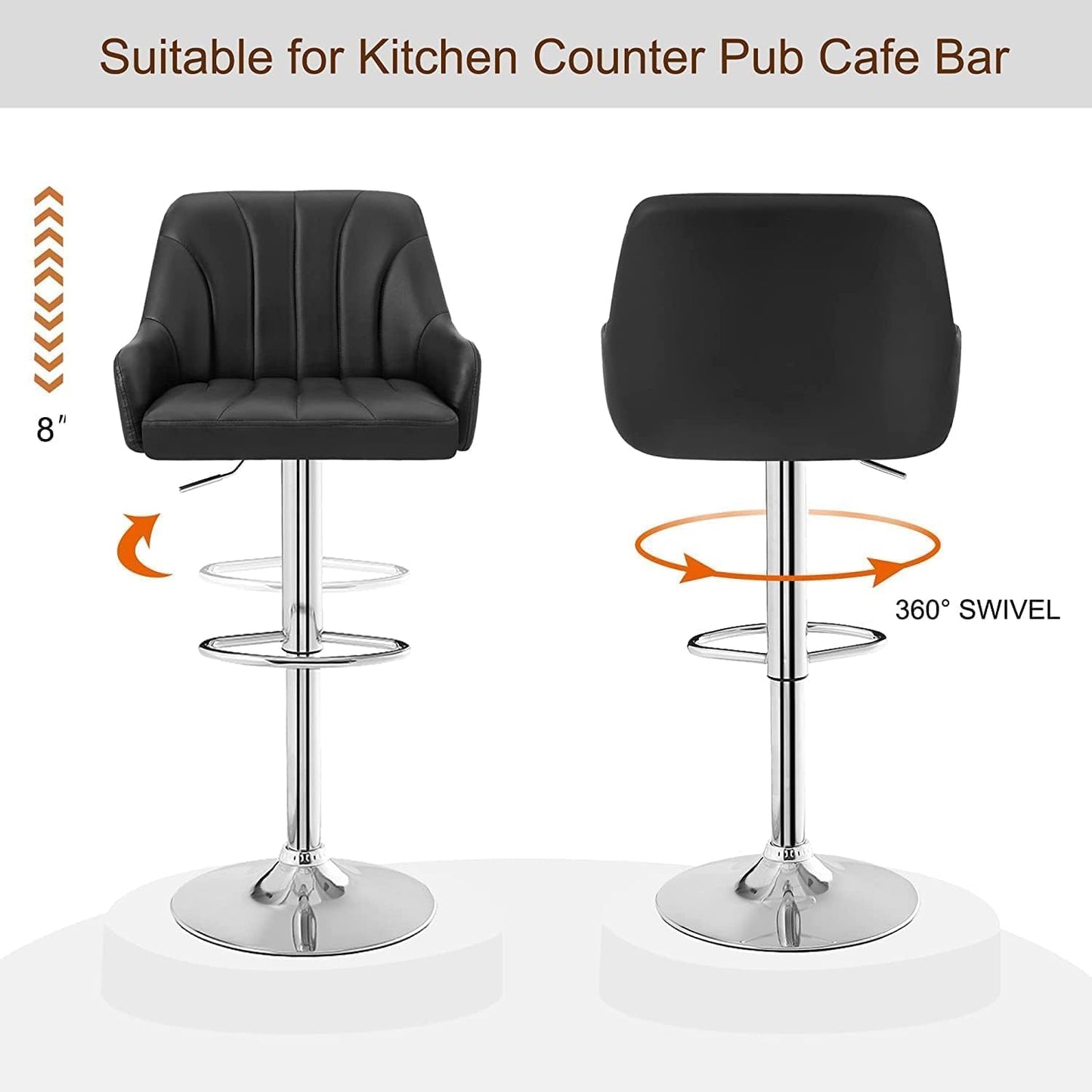 VECELO Bar Stools Set of 4, Adjustable Barstools, Counter Height Stools with Back and Arm, Kitchen Island Stools, Swivel PU Chairs for Pub, Dining Room, Modern Style, PU Black