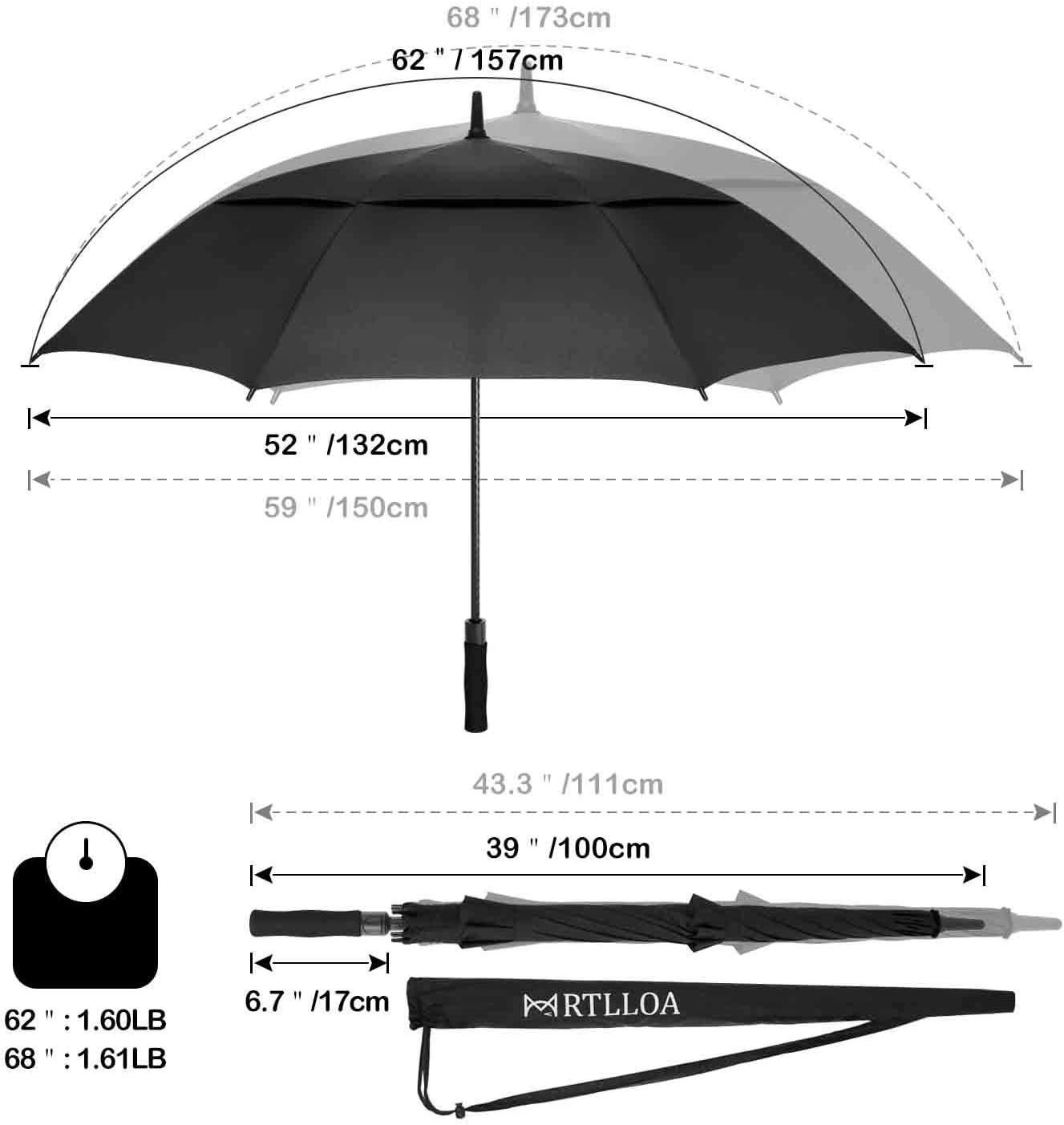 MRTLLOA Extra Large Golf Umbrella, 54/62/68/72 Inch Automatic Open, Oversize Double Canopy Vented Windproof Waterproof Sports Umbrellas for Rain