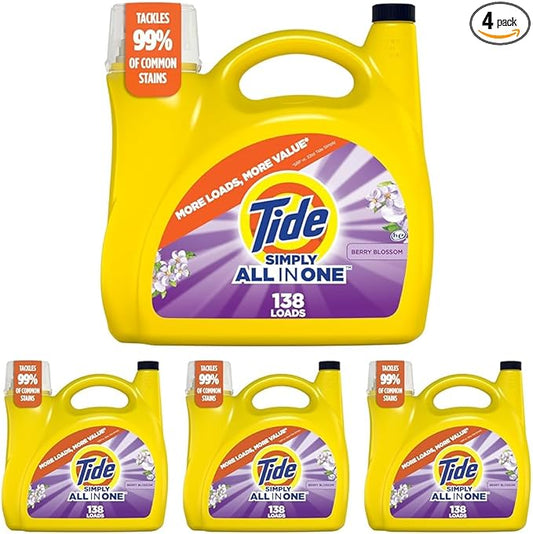 Tide Simply All-In-One Liquid Laundry Detergent, Berry Blossom Scent, 138 Loads, 182 fl oz (Pack of 4)