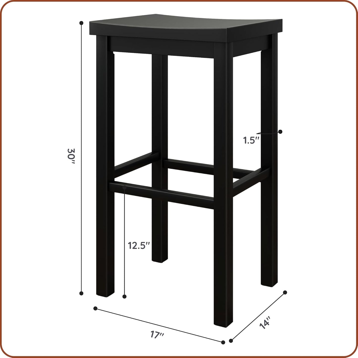 Grain & Grove Smith Collection Set of 4 Solid Wood Bar Stools, 30 inch Saddle-Seat Bar Chairs, Backless, Heavy-Duty Construction, Footrest Support, for Kitchen Islands, Home Bars, and Counters, Black