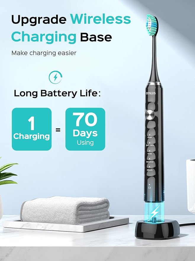COSLUS Sonic Electric Toothbrush for Adults: 47000 VPM for Deep Cleaning & Whitening with Travel Case - 5 Modes for Sensitive Teeth & Braces, Wireless Charging, 6 Brush Heads, Black & Green (2PCS)