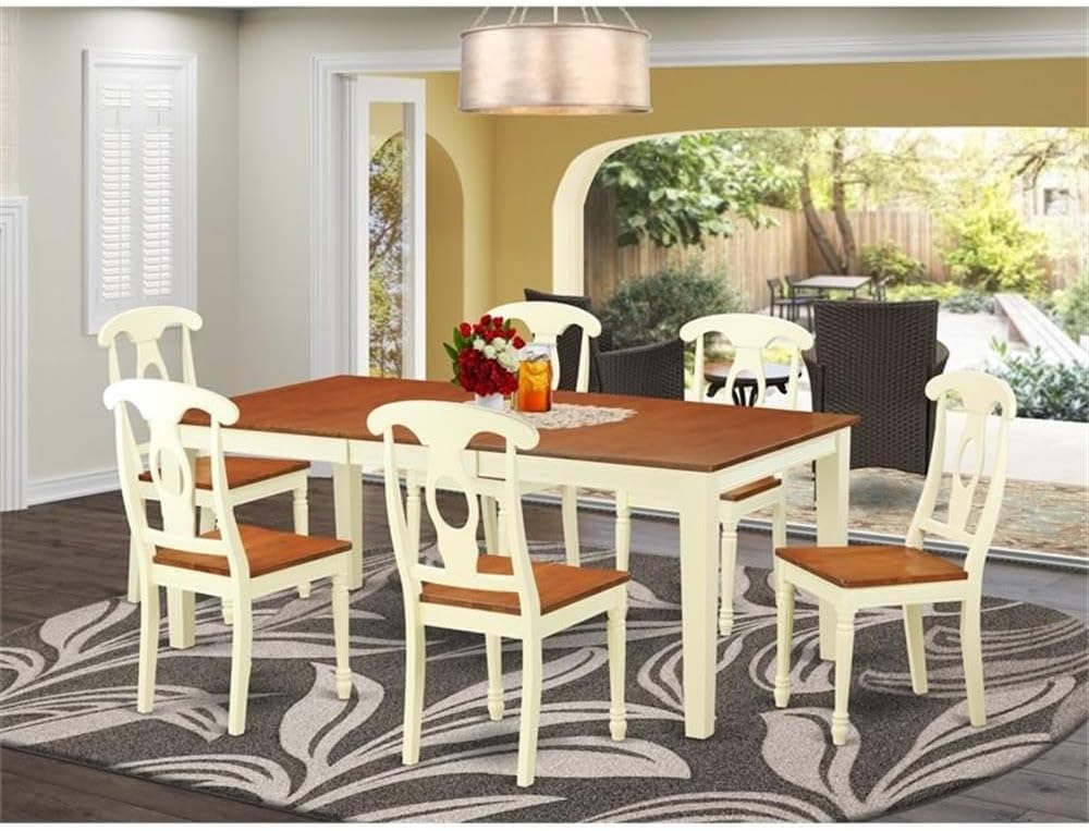 East West Furniture QUKE7-WHI-W 7 Piece Dining Room Furniture Set Consist of a Rectangle Kitchen Table with Butterfly Leaf and 6 Dining Chairs, 40x78 Inch, Buttermilk & Cherry