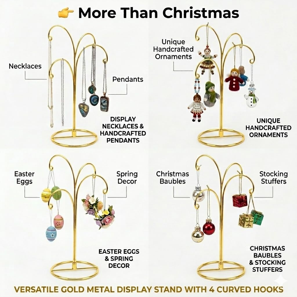 HOHIYA Ornament Display Stand 12 Inch 4-Arm Metal Holder for Christmas Ornaments Glass and Crystal Ball Decorations Art Craft Hanging Hanger Brass Gold 2 Pack