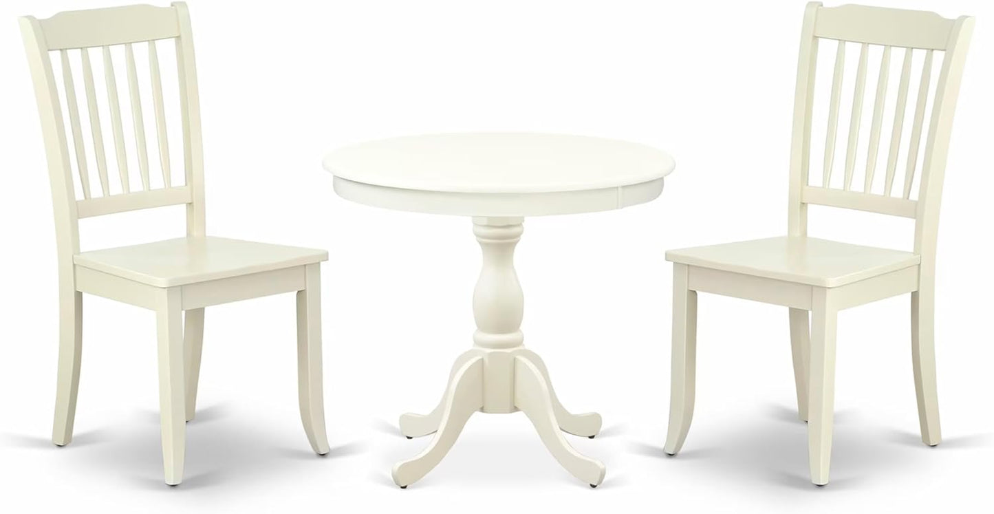 East West Furniture AMDA3-LWH-W 3 Piece Dinette Set for Small Spaces Contains a Round Kitchen Table with Pedestal and 2 Dining Chairs, 36x36 Inch, Linen White