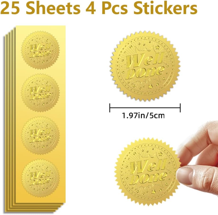 Peacoblue Gold Foil Stickers Seals Official Embossed 2 Inch 100Pcs Well Done, Self Adhesive Gold Around Embossing Medal Stickers for Certificate Paper, Achievements and Awards, Envelope Seals, Praise