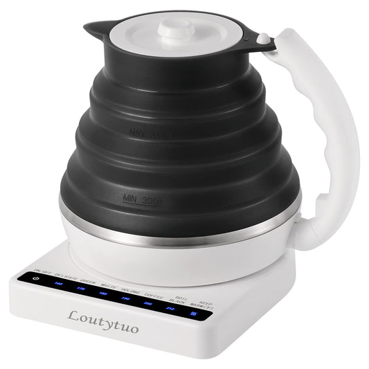Ultrathin Food Grade Silicone Travel Foldable Electric Kettle Variable Temperature Control with Dual Voltage, Auto Shutoff & Boil Dry Protection & Keep Warm, 555ML 110-220V US Plug (Black)