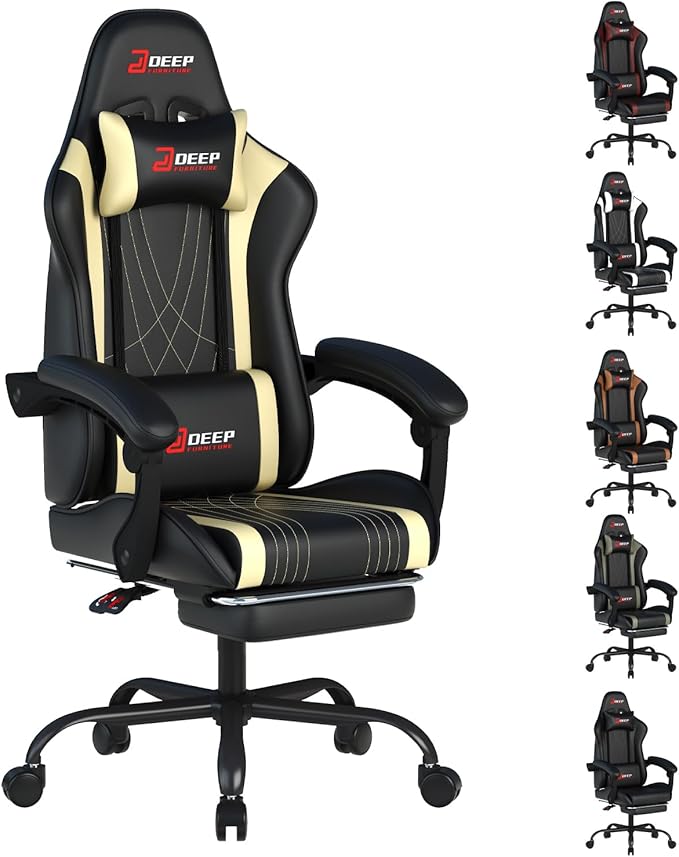 Ergonomic Gaming Chair with Footrest and Lumbar Massage, Racing Office Chair, High Back Computer Desk Chair with Headrest Pillow for Adults, Video Game Chair for PC Gamer (1001-Beige)