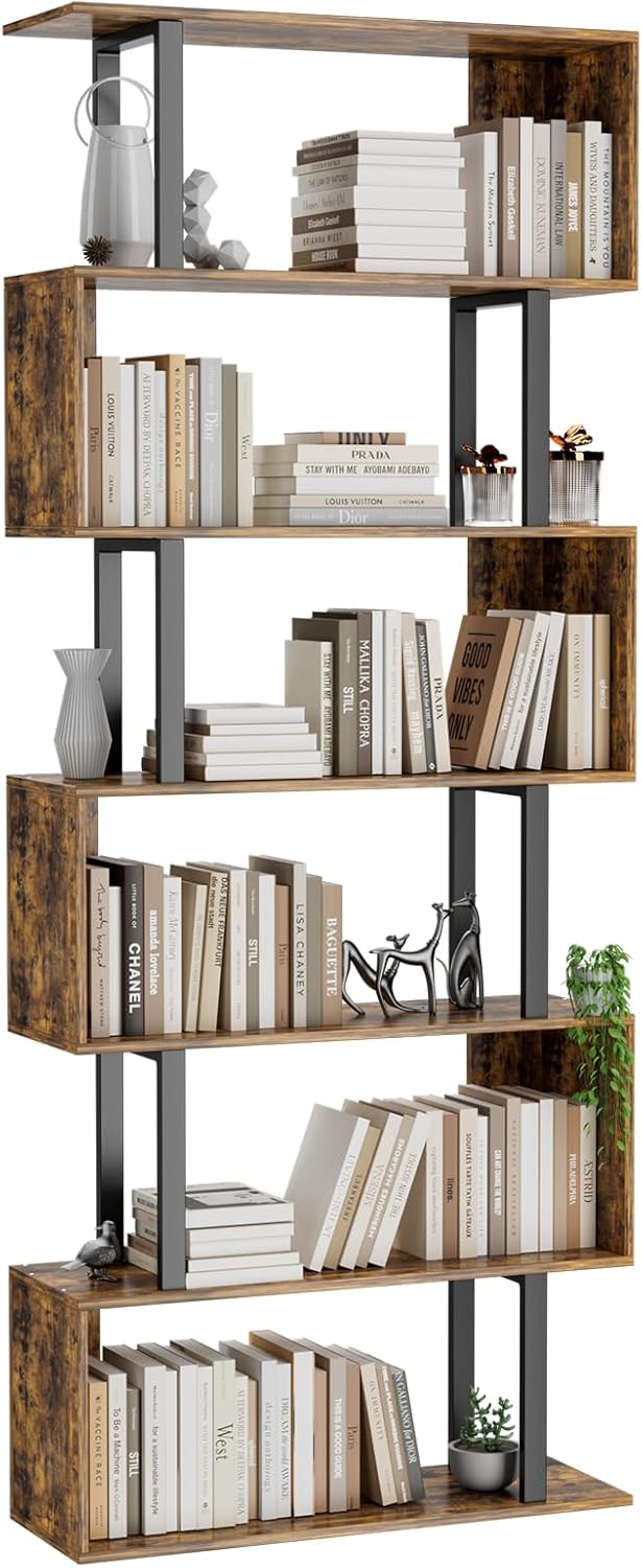 Gadroad 6 Tier Geometric Bookcase,S Shaped Bookshelf, Wood Decorative Storage Shelving, Modern Freestanding Display Shelves, Tall Book Shelf Unit for Living Room Bedroom, Rustic Brown