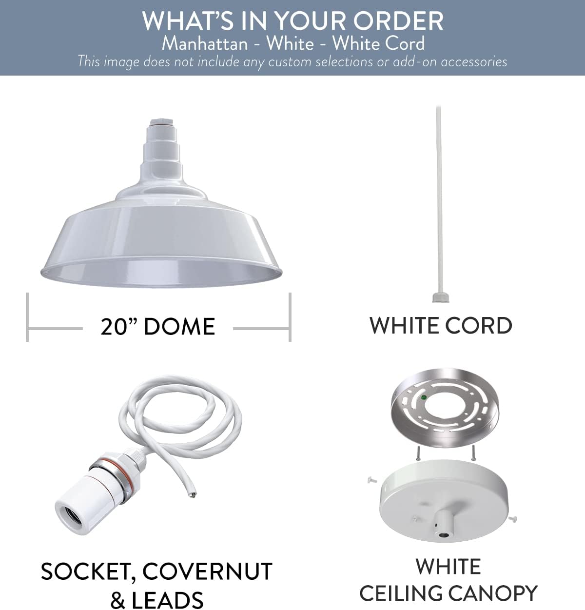 Steel Lighting Co. Manhattan Warehouse Light | Ceiling Mounted Pendant | 20 inch Dome | White Cord | Large Steel Barn Light Made in America | White Exterior/White Interior