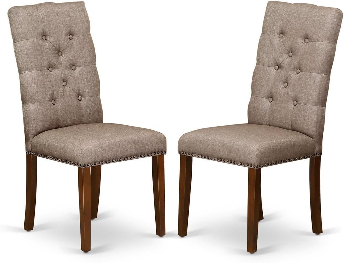 East West Furniture DLEL5-MAH-16 5 Piece Dining Room Furniture Set Includes a Round Dining Table with Dropleaf and 4 Dark Khaki Linen Fabric Parsons Chairs, 42x42 Inch, Mahogany