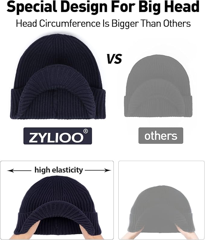 Zylioo Oversize Beanie Hats, XXL Big Size Ribbed Knit Cuffed Winter Hat for Cold Weather, Warm Skull Watch Cap