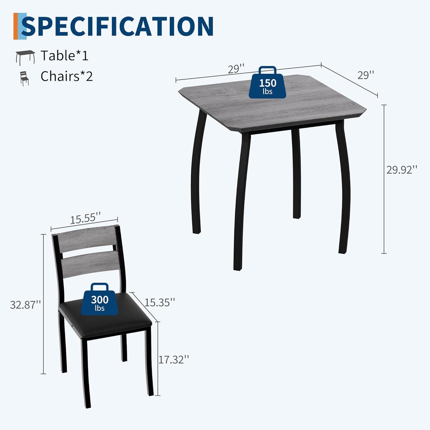 Small Dining Table Set for 2,3-Piece Kitchen Table Set with Thick Wood Grain Tabletop & 2 Upholstered Chairs & Metal Frame, Compact Table Set for Small Spaces, Kitchens & Dining Rooms (Grey)