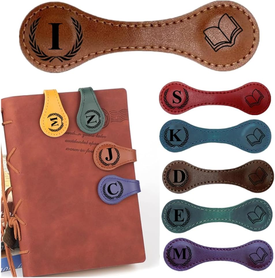 Personlized Magnetic Leather Bookmarks with Initials, Customized Book Marks Clip 26 Letters Bookmark for Reading Women, Men, Kids,Cute Book Markers Meaningful Gift for Book Lovers (Light Brown, I)