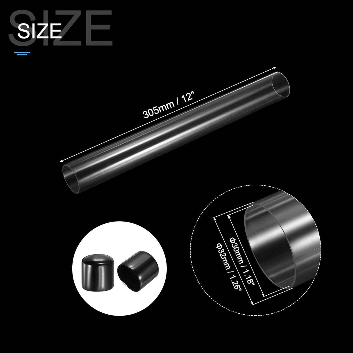 PATIKIL Clear Rigid Tube Round Plastic Tubing with Black Rubber Caps Polycarbonate Water Pipe, 305mm/ 12 Inch Length, 30mmx32mm/1.18"x1.26", 2 Set