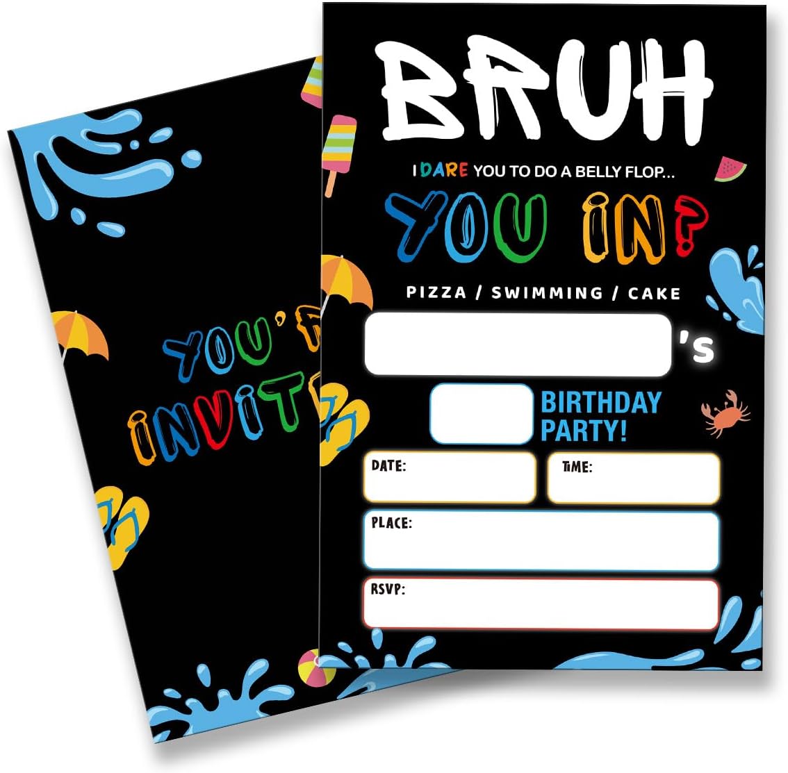 Bruh Pool Birthday Invitation Supplies with Envelopes Set of 20 Boy Birthday Party Invitations Fill in Blank, Double Sided