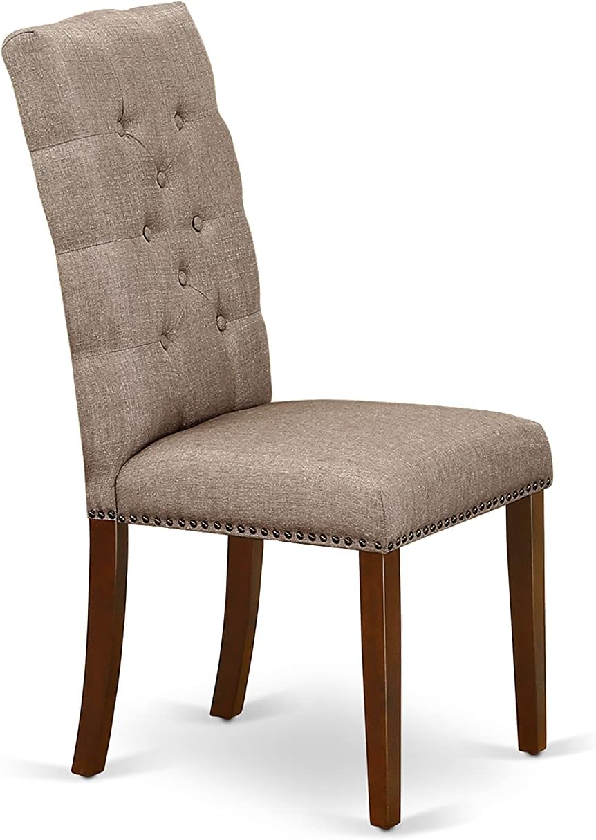 East West Furniture DLEL5-MAH-16 5 Piece Dining Room Furniture Set Includes a Round Dining Table with Dropleaf and 4 Dark Khaki Linen Fabric Parsons Chairs, 42x42 Inch, Mahogany