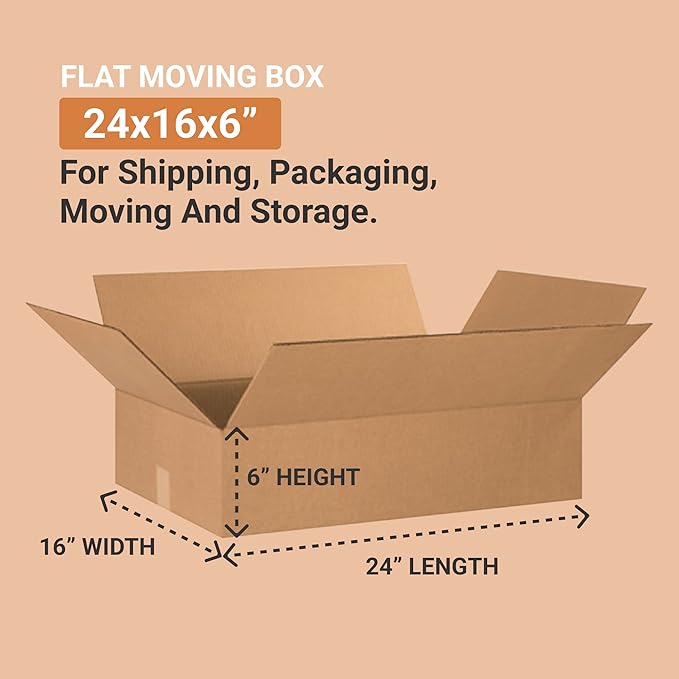Aviditi 24166 Flat Corrugated Cardboard Box 24" L x 16" W x 6" H, Kraft, For Shipping, Packing and Moving (Pack of 20)