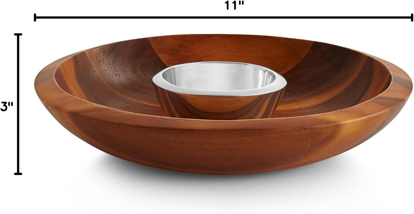 nambe Eclipse Chip & Dip Set | Made of Acacia Wood | Inner Bowl Made of Metal Alloy | Chill or Heat to Serve Dip | Measures 16-Inches | Designed by Steve Cozzolino