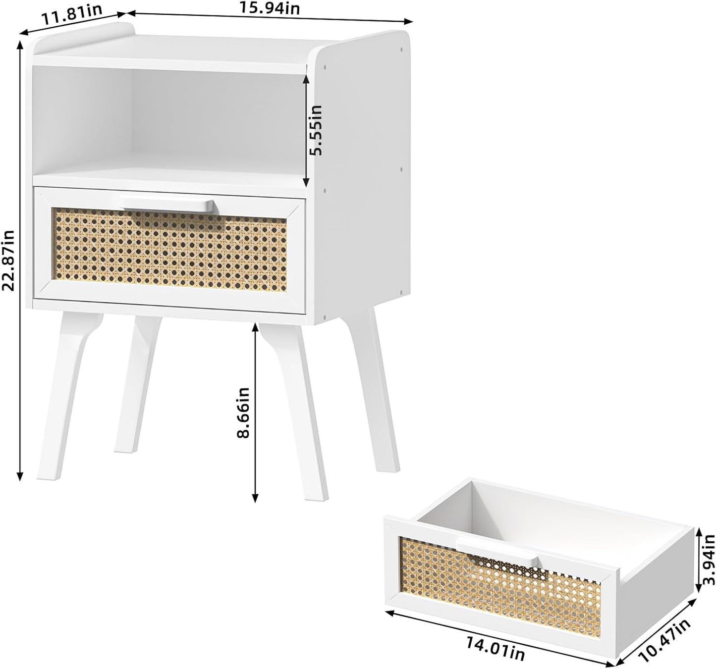 Lerliuo Rattan Nightstand, Bedside Table with Drawer Open Shelf, Cane Accent Side End Table with Solid Wood Legs, White Mid Century Night Stand for Bedroom, Dorm and Small Spaces