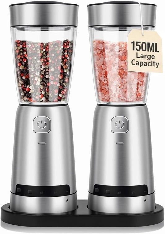 Electric Salt and Pepper Grinder Set, with LED Lights, Stainless Steel Automatic Pepper & Salt Mill with 5 Adjustable Coarseness (Upgraded Larger Capacity 150 ML)