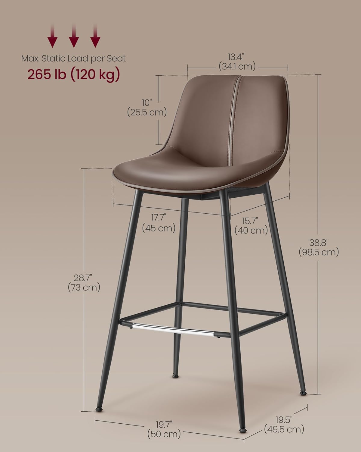 VASAGLE Bar Stools Set of 2, Bar Height Bar Stools with Back, Ergonomic Backrest, Synthetic Leather, Metal Legs, 28.7-Inch Tall Barstools for Kitchen Island Home Bar, Easy Assembly, Chestnut Brown