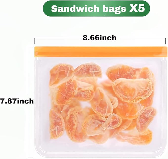 5 Pack Reusable Sandwich Bags, Dishwasher Safe, BPA Free, Leakproof Freezer Bags for Marinate Meats, Veggies, Snacks, Kitchen Storage & Organizer (Orange)