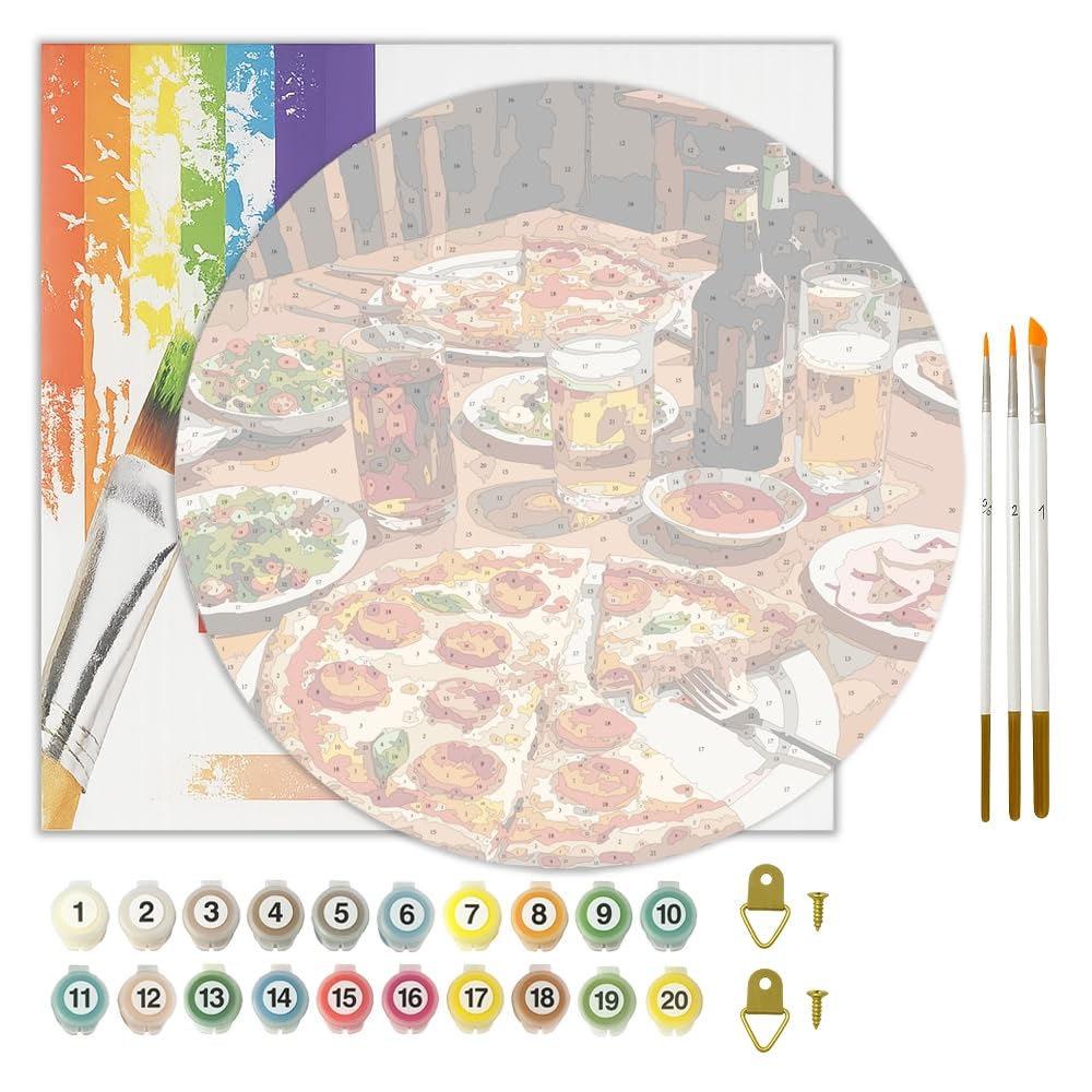 Food and Drink Paint by Numbers Kit for Adults on Wood Board – DIY Pepperoni Pizza and Drink Table Wood Craft Painting Kit, 12 in Round, Acrylic Paint Set, Beginner-Friendly, Relaxing Home Decor Gift