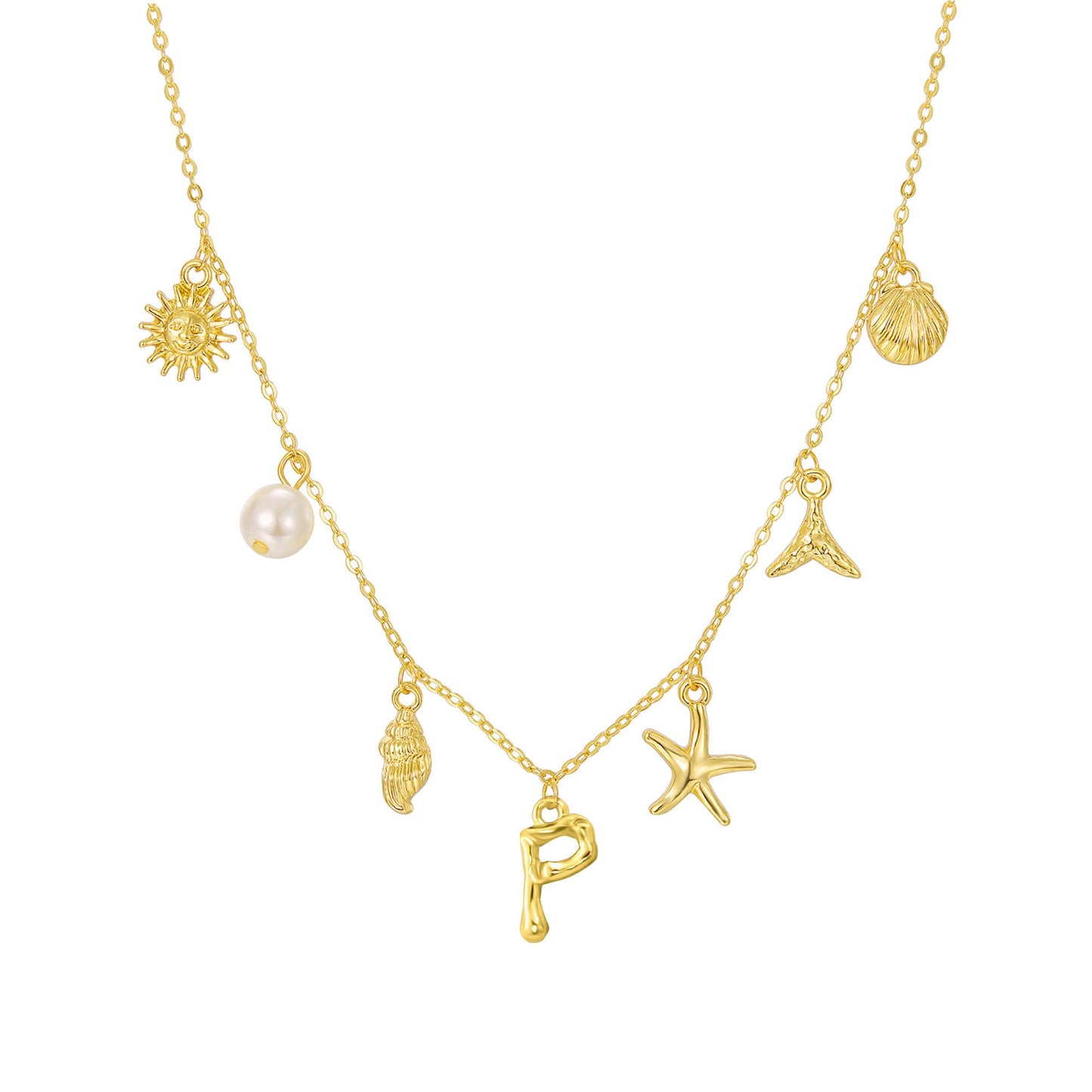 JALZEMPL Initial Charm Necklace For Women Shell Seashell Summer Beach Letter 14K Gold Plated Pendant Starfish Surfer Boho Jewelry Gifts (P)