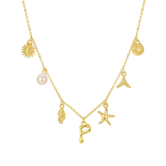 JALZEMPL Initial Charm Necklace For Women Shell Seashell Summer Beach Letter 14K Gold Plated Pendant Starfish Surfer Boho Jewelry Gifts (P)