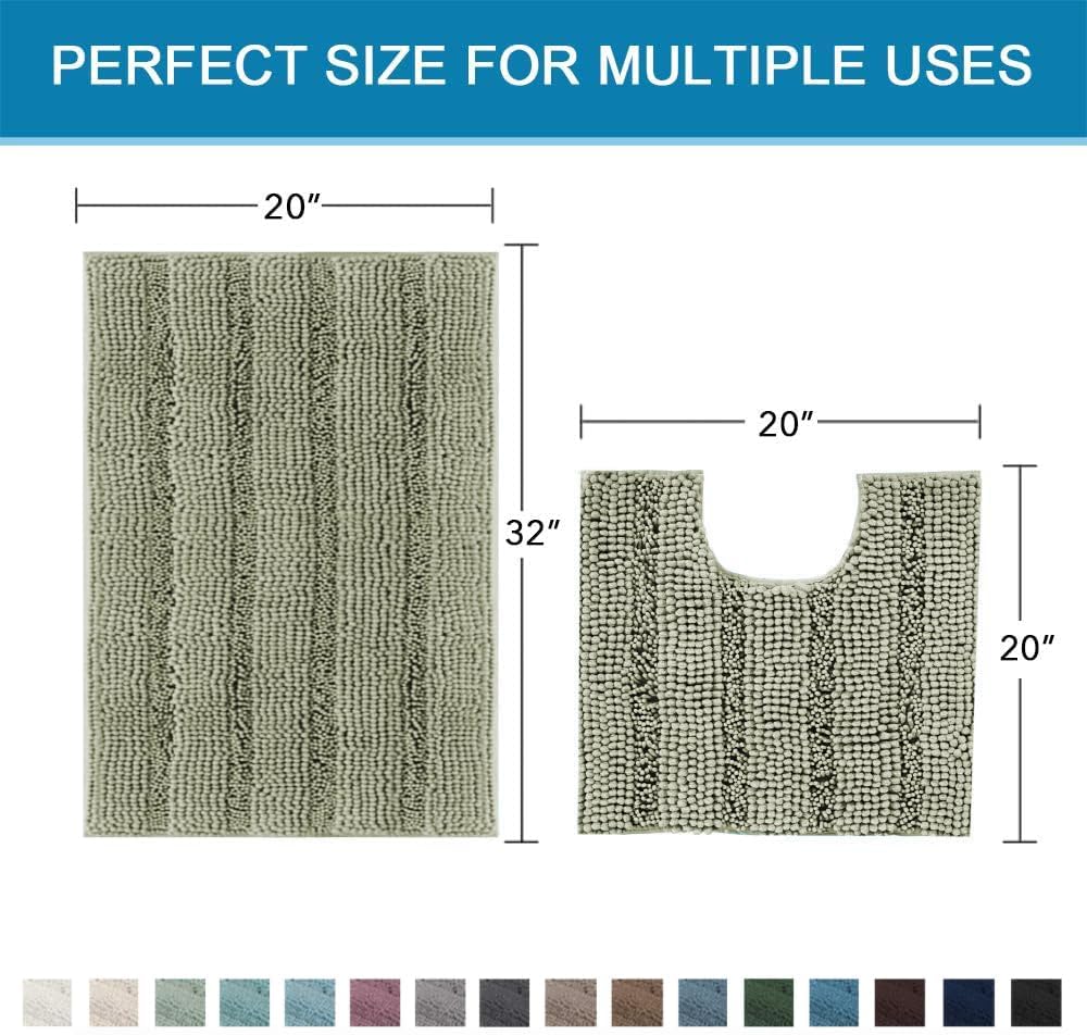 H.VERSAILTEX Bathroom Rug Sets 2 Piece Bath Mats Non Slip Thick Soft Chenille Striped Bath Rug achine Washable Shower Floor Rugs for Tub, Shower and Floor (Eucalyptus Green, 20"x32" Plus 20"x20" U)