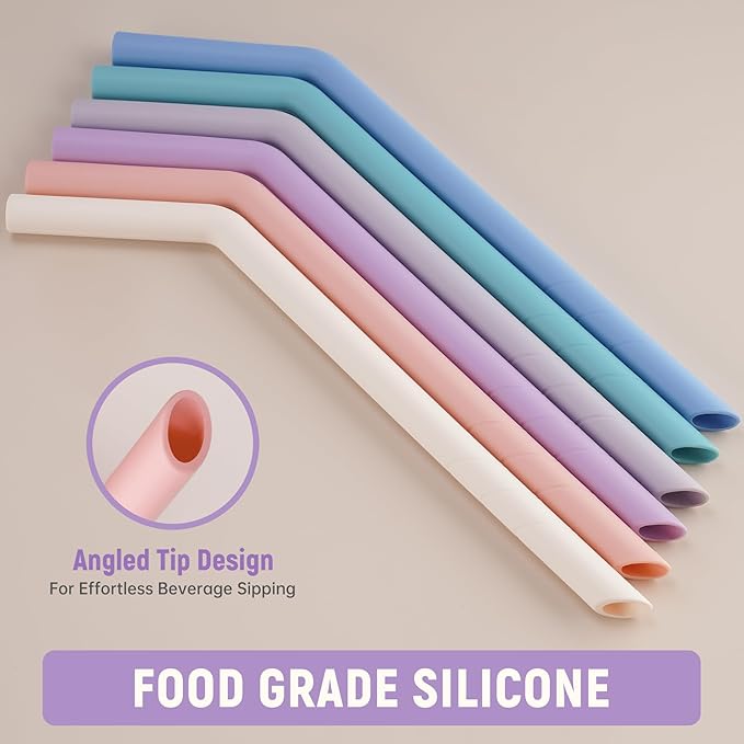 NiHome 6PCS Extra Wide Reusable Bent Silicone Straws for Boba, Smoothies, Bubble Tea, Eco-Friendly Bent Straws for Thick Drinks, Child-Safe, Customizable Length, 2 Brushes Easy Cleaning (Macaron)