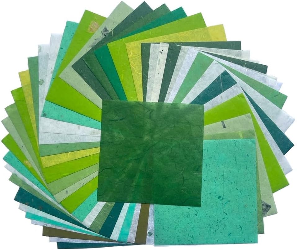 8 x 8 Inches Natural Fiber Leaves Banana Bark Mulberry Paper Sheets 50 Sheets Square Origami Paper Arts Folding Craft, Square Folding Paper for DIY Crafts (Mixed Green Leaves, etc.,, 8"x8")