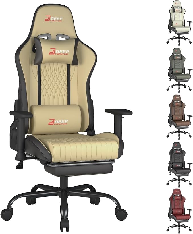 Video Game Chair with Footrest Ergonomic Comfortable Gaming Office Chair Height-Adjustable with a 360° Swivel Base and Headrest(1002-Beige)