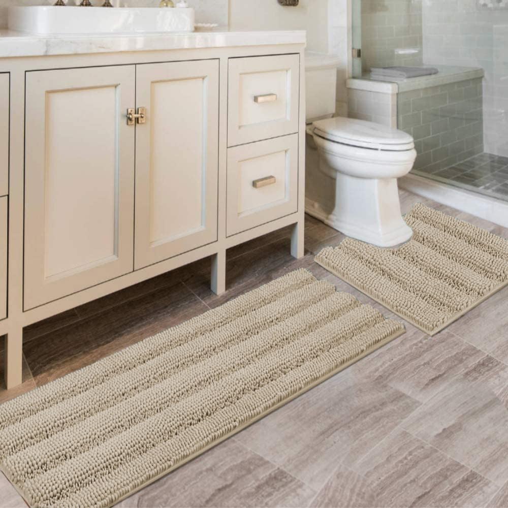 H.VERSAILTEX Bathroom Rug Sets 2 Piece Bath Mats Non Slip Thick Soft Chenille Striped Bath Rug achine Washable Shower Floor Rugs for Tub, Shower and Floor (Fog, 47"x17" Plus 20"x20" U)