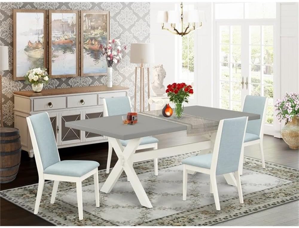East West Furniture X097LA015-5 5 Piece Kitchen Table Set for 4 Includes a Rectangle Dining Room Table with X-Legs and 4 Baby Blue Linen Fabric Upholstered Chairs, 40x72 Inch, Multi-Color