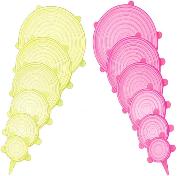 12 pcs Silicone Stretch lids set, Reusable Food Storage Covers,Silicone Bowl Covers,Flexible to Fit All Shape of Containers,Food Cover to Keep Food Fresh(6 Sizes,pink&yellow)