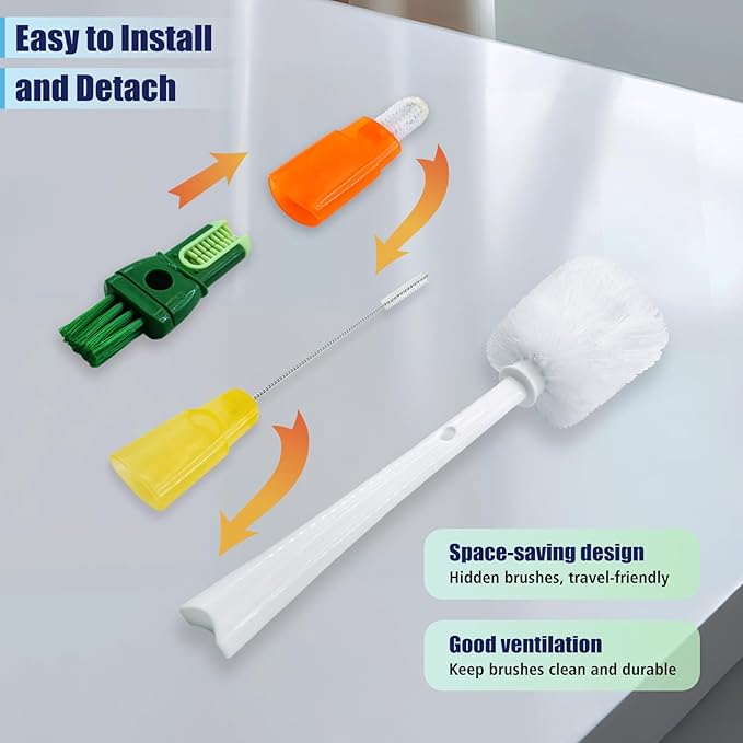 5-in-1 Bottle Brush Set(2Pcs Green & Orange), Long Handle Bottle Cleaning Brush Straw Brush Nipple Brush Hard-corner Brush for Sports Water Bottles Caps Mugs Glasswares Tumblers Wine Decanters