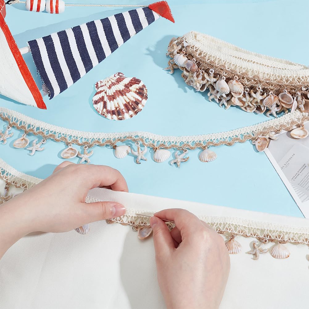 PH PandaHall 5 Yards 1-1/2 Inch Shell Fringe Trim Starfish & Shell Charms Boho Lace Ribbon Ethnic Style Craft Ribbon Fringes Trim with Shells for Clothing Lampshade Curtain Home Beach Party Decor