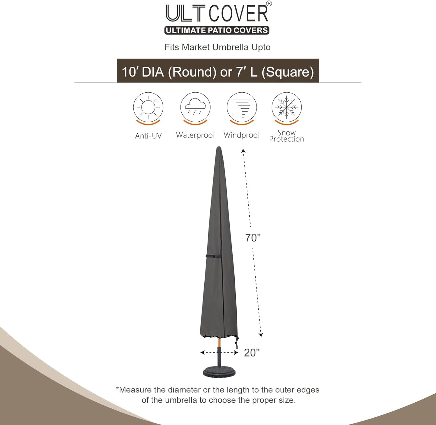 ULTCOVER Patio Parasol 600D Waterproof Outdoor Market Umbrella Cover - Fits Market Umbrella 7-10 Feet, Black