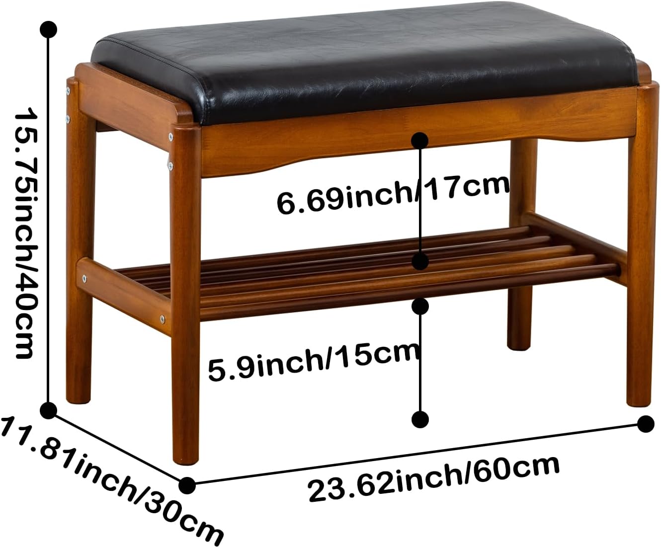 Shoe Bench, Entryway Bench, Wood 2-Tier Shoe Rack with Cushion Padded Seat Shoe Organizer (23.62",Black)