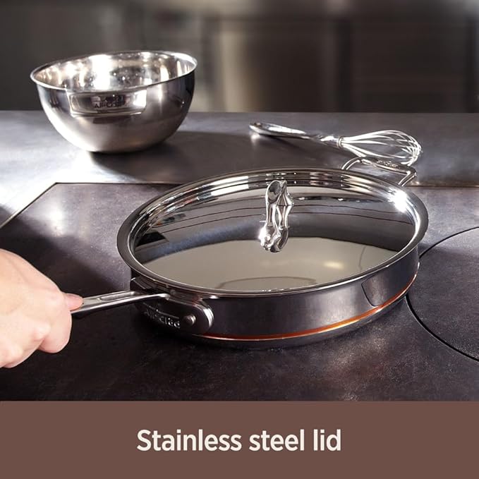 All-Clad Copper Core 5-Ply Stainless Steel Sauté Pan with Steel Lid 6 Quart Induction Oven Broiler Safe 600F Pots and Pans, Cookware Silver