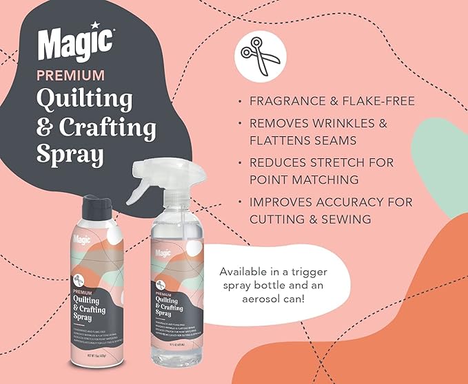 MAGIC Premium Quilting & Crafting – Fabric Spray for Cutting, Creasing, & Sewing – Best Press Starch for Quilting to Flatten Seams & Wrinkles – Wrinkle Spray (15oz Aerosol) 2 Pack