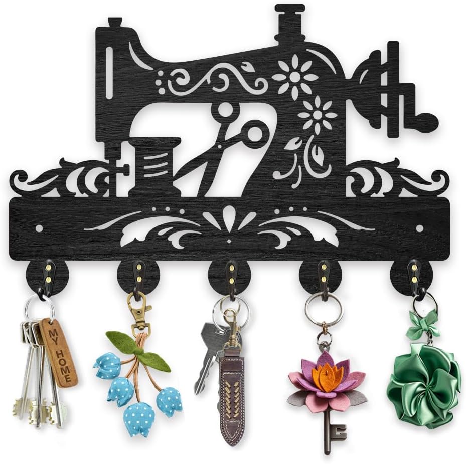 MAYJOYDIY Wooden Sewing Machine Key Hook 11.8 x 7.8 inch Flower Sew Coat Hooks Wall Mounted Storage Hooks Floral Art Hat Racks with 5 Alloy Hooks for Entryway Bedroom Living Room