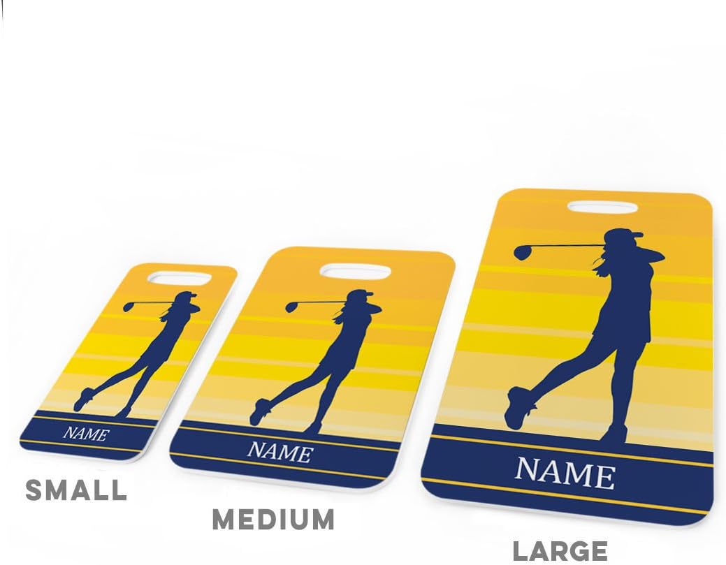 ChalkTalkSPORTS Golf Luggage & Bag Tag | Personalized Female Golfer | Standard Lines on Back | Small | Yellow