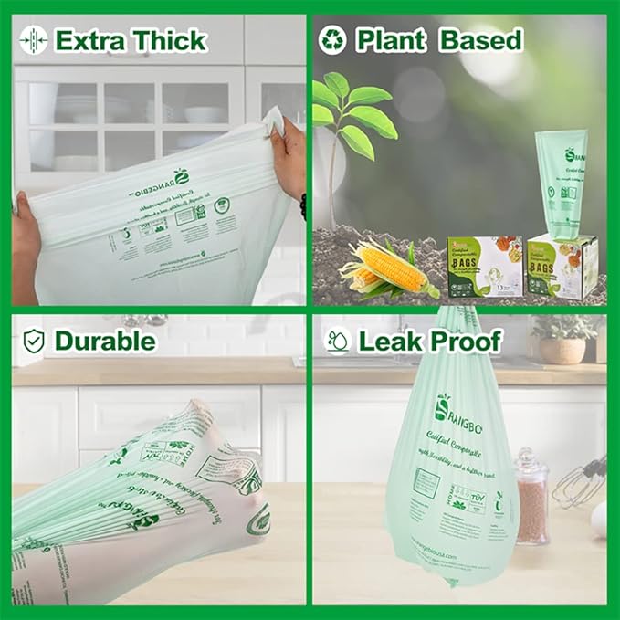100% Certified Home Compostable Trash Bags, 55 Gallon, 60 Count, 1.5 Mils Extra Thick 38 x 56 Inches, 208 Liter, Compostable Liners, ASTM D6400 EN 13432 US BPI & OK Compost Home Certified