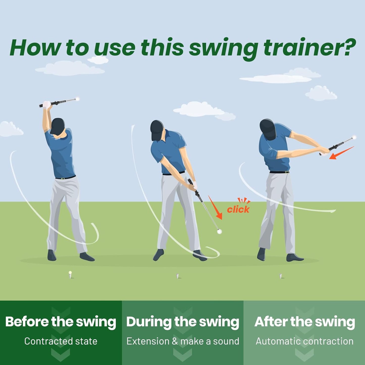 Retractable Golf Swing Trainer – 2025 Golf Gifts with Arm Band,Training Aid for Grip Correction, Swing Click Feedback & Arm Connection,For Right & Left-Handed Golfers,Indoor & Outdoor Practice
