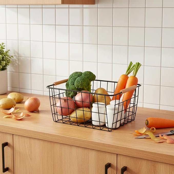 Metal Wire Food Storage Basket Organizer with Wooden Handles for Organizing Kitchen Cabinets, 4 Packs-Black